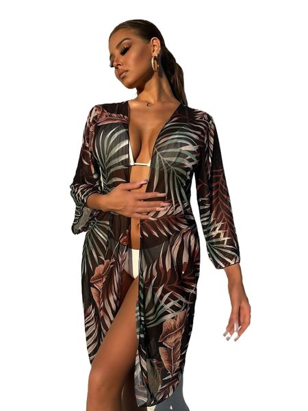 

random tropical print mesh cover up l78y#, White;black