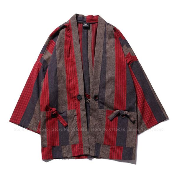 Roupas étnicas japonesas tradicionais kimono vestes homens algodão listrado yukata haori camiseta chinesa cardigã de verão praia solta blusa C