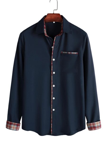 

men plaid contrast trim patched pocket shirt p664#, White;black