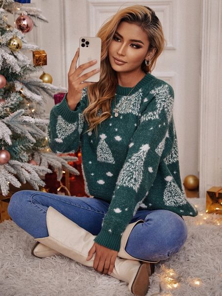 

christmas hat pattern drop shoulder sweater s9v8#, White;black
