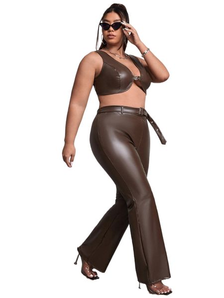 

plus buckle front pu leather tank and belted pants set 00kf#, Black