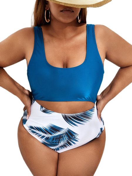 

plus tropical print cut out one piece swimsuit 00jb#, White;black