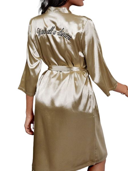 

slogan embroidery belted satin sleep robe without lingerie set p02v#, Black;red