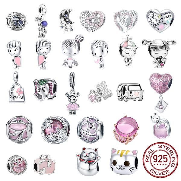 Ciondolo pendente in argento sterling 925 con rosa ragazza ragazzo rosa scintillante clip distanziatore perlina adatta braccialetto con ciondoli accessori gioielli fai da te