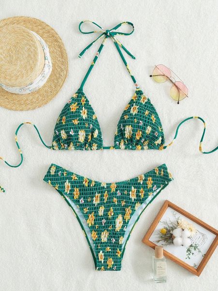 

floral print smocked halter triangle bikini swimsuit e1lw#, White;black