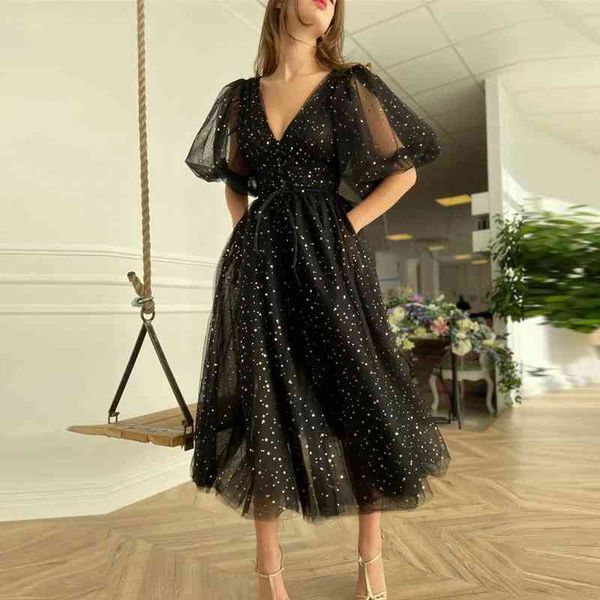 

party dresses ru113 glitter black tulle short prom with puff sleeves golden stars v neck tea length formal gowns pockets qxxo, White;black