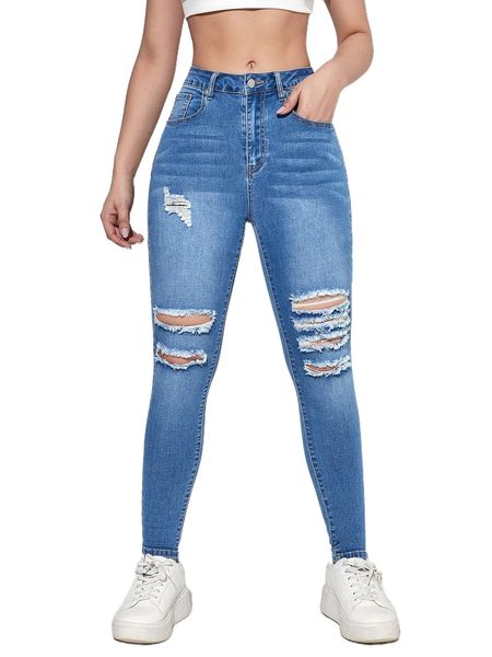 

bleach wash ripped frayed skinny jeans o58o#, Blue