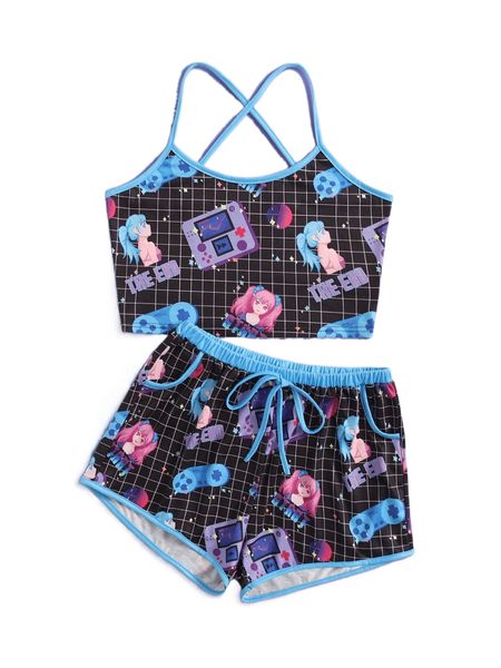 

romwe anime plaid figure print contrast binding pj set h3sm#, Black;red