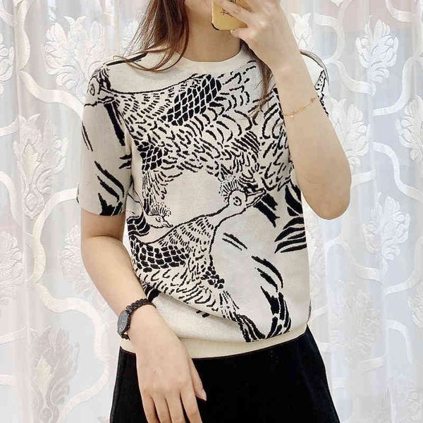 

women's polos round neck white crane peacock printed bird animal pattern floral short sleeve women's spring and summer sweater 05s