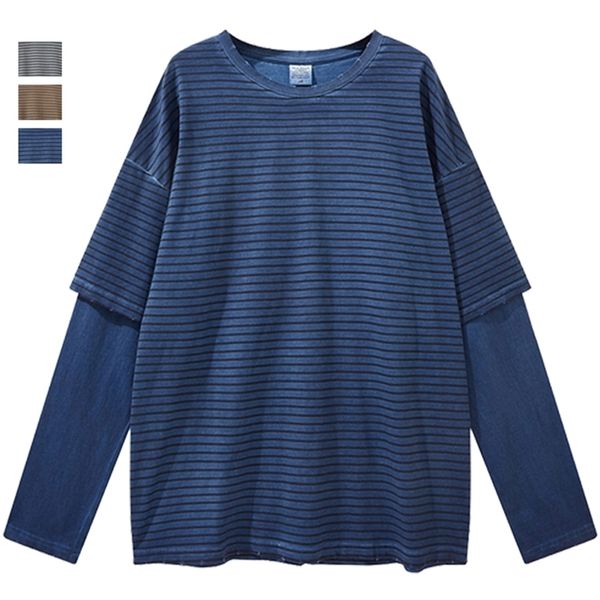 Gefälschtes zweiteiliges T-Shirt, gestreift, übergroß, grau, blau, langärmelig, koreanischer Stil, Mode, lockere Herren- und Damenbekleidung 220325