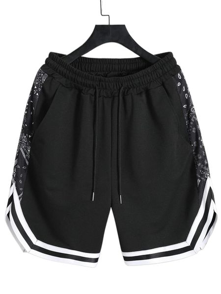 

men contrast paisley side seam drawstring waist shorts m9rv#, White;black