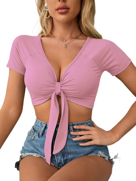 

plunging neck knot front raglan sleeve crop g57z#, White