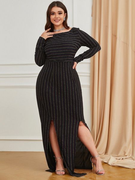 

plus split hem glitter dress b1hx#, Black