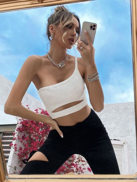 

one shoulder cut out knit i3vm#, White;black