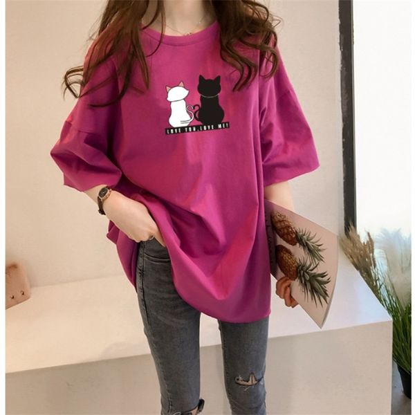 

short sleeve tshirt womens summer loose korean round neck printing with medium and long base women 220527, White