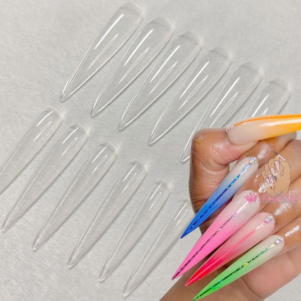 

3xl long stiletto acrylic press on fake nails tips clear artificial full cover false finger sculpted nail manicure tools 220725, Red;gold