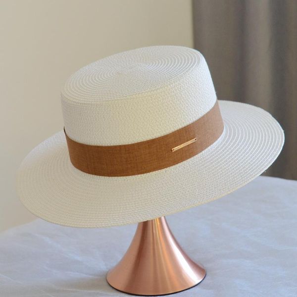 Chapéus de Aba Larga Chapéu de Palha Lady Summer Retro Britânico Flat Top Coreano Praia Visor de Sol Ins Net Red HatWide