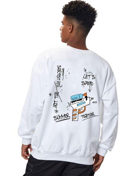 

men letter & graphic print drop shoulder pullover u1e4#, Black