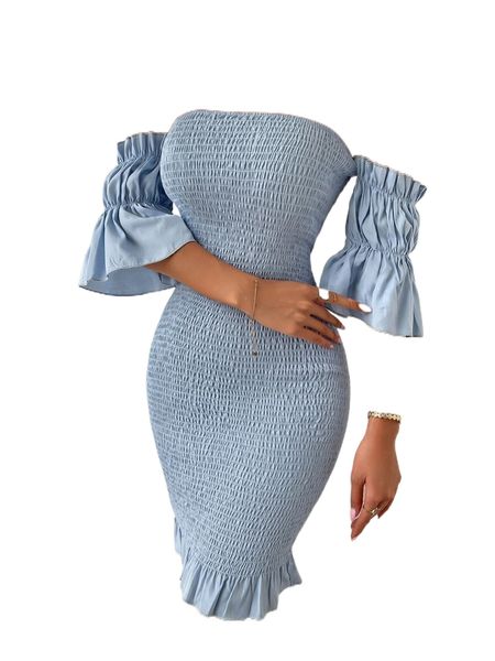 

off shoulder flounce sleeve shirred ruffle hem bodycon dress r8s5#, Black;gray