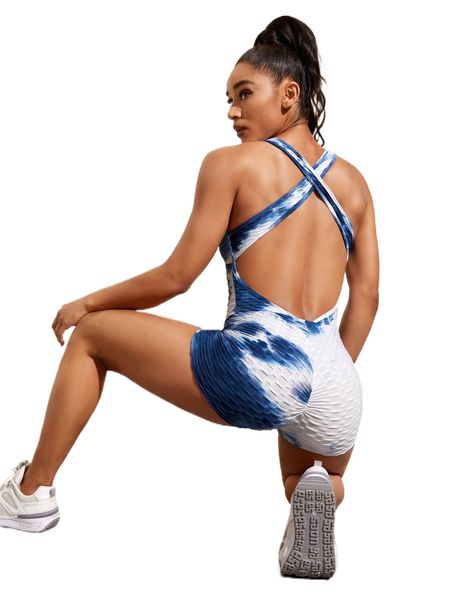 

tie dye honeycomb textured criss cross backless sports unitard v8kj#, Gray