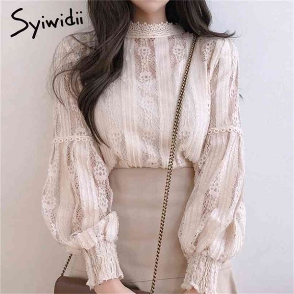

lace blouse women lantern long sleeve shirt office ladies beige black shirts plus size korean with lined 210607, White