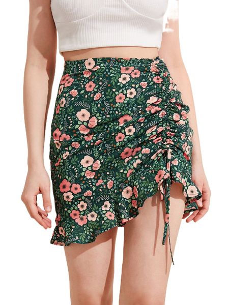 

x yuan xu floral print drawstring ruched ruffle hem skirt n2wc#, Black