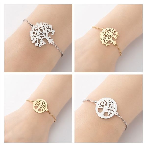 Moda rotonda Scava fuori l'albero della vita bracciale a catena a maglie in acciaio inossidabile oro argento Bracciali con alberi vegetali per gioielli da donna