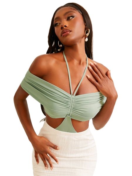 

newness cold shoulder ruched cut out tie back halter bodysuit s8fl#, White