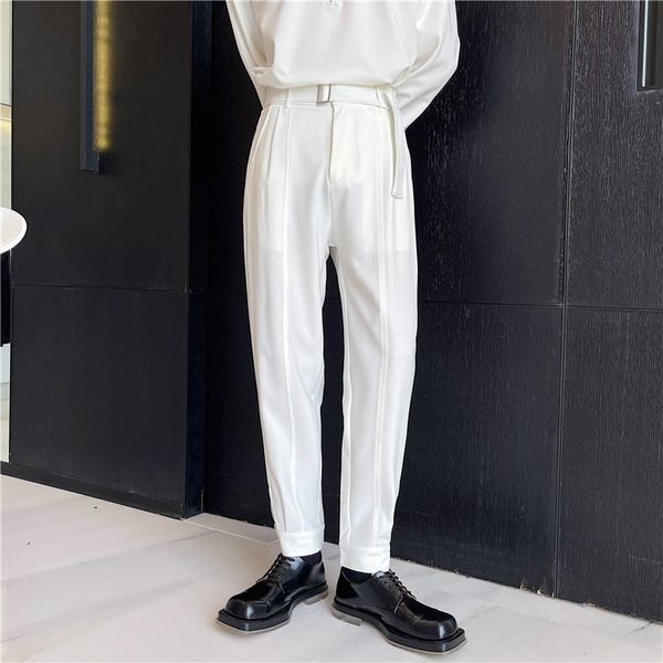 Calça de harém chique em estilo coreano homem calça branca preta sólida com cinto primavera no verão cônico