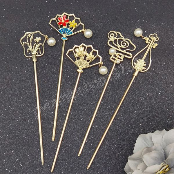 

japanese style metal hair sticks with tassels imitation pearls fan hair forks chopstick hairpins chinese bride hair accessories, Slivery;white