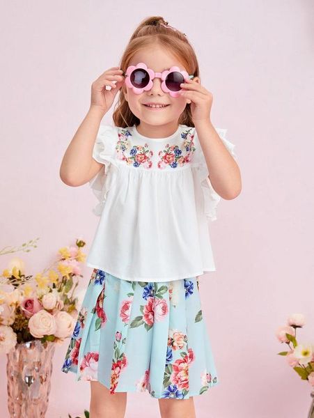 

sheen girls' printed butterfly sleeve and pleated skirt she, White