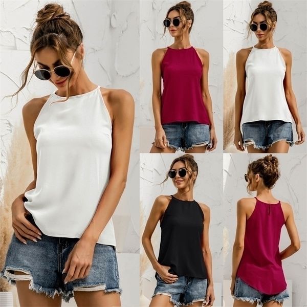 

women summer t-shirt sleeveless halter solid color tank female autumn blouse ladies chic young tees c2473 220318, White
