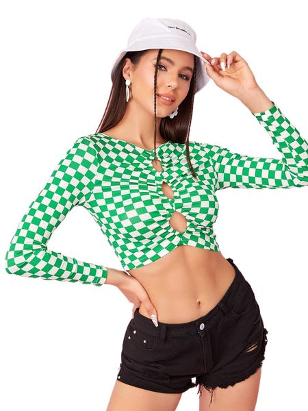 

checked cut out crop tee d9me#, White