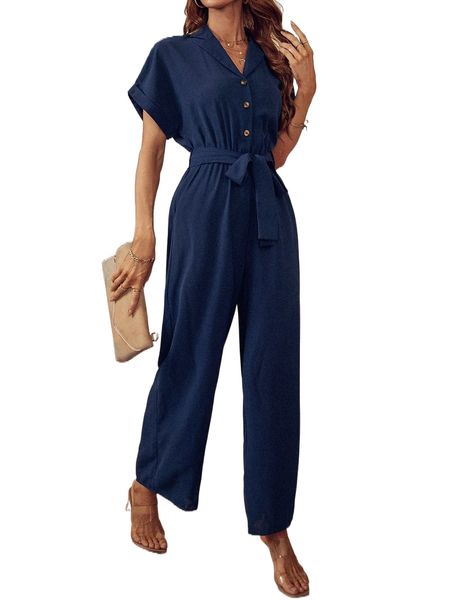 

solid lapel neck button front batwing sleeve belted jumpsuit e6rx#, Black;white