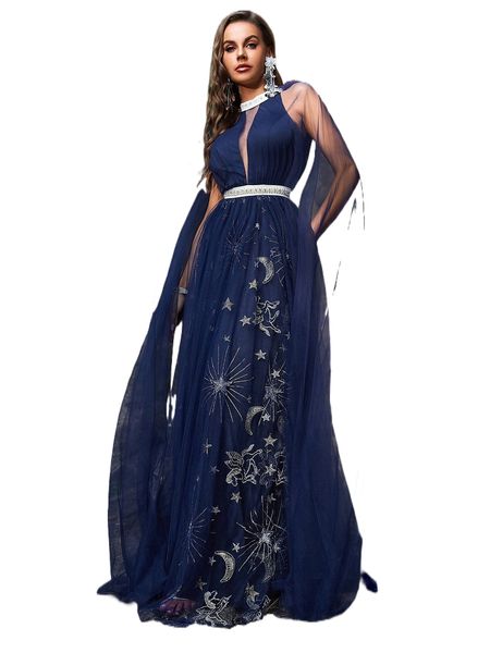 

galaxy embroidery backless mesh dress o8wl#, Black;gray