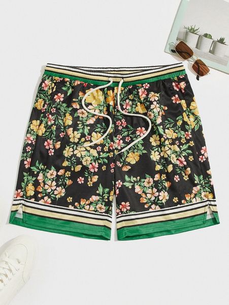 

men striped & floral print notched hem drawstring waist shorts o533#, White;black