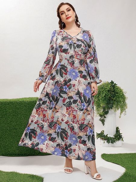 

plus floral print flounce sleeve dress 62wf#, Black