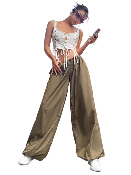

drawstring waist wide leg pants e0he#, Black;white
