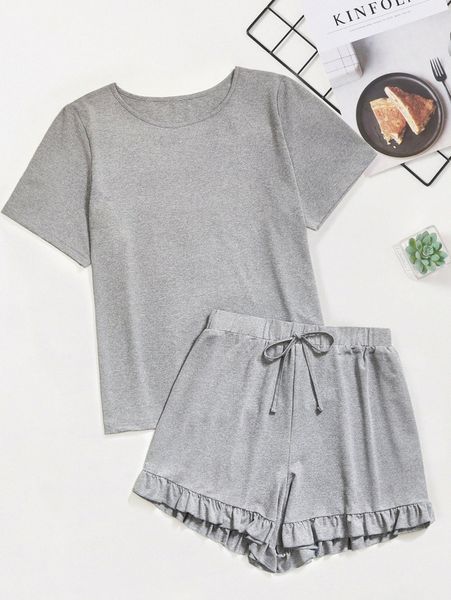 

plus solid tee with ruffle hem knot waist shorts m8tc#, Black