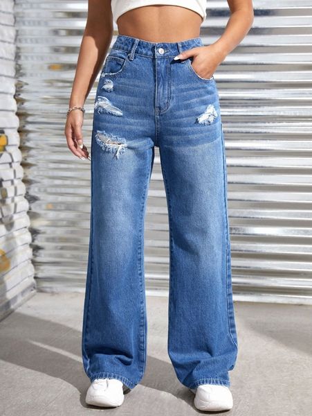 

high waist slant pocket ripped jeans g3ue#, Blue