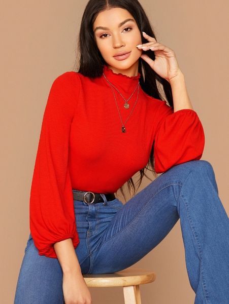 

stand collar lantern sleeve rib-knit tee 23ky#, White