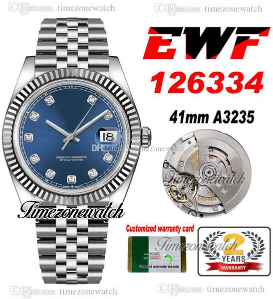 

ewf 41 126334 a3235 automatic mens watch fluted bezel blue dial diamonds markers jubileesteel bracelet with same serial card super edition t, Slivery;brown