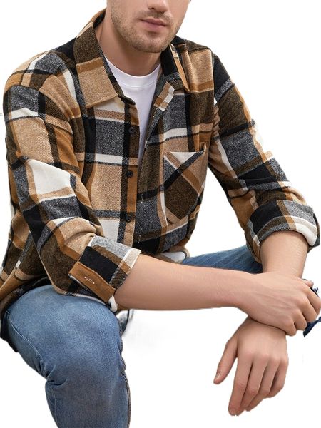 

men 1pc plaid patched pocket coat y4zg#, Black;brown