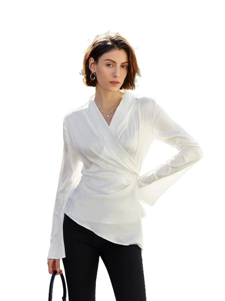 

shawl collar wrap buttoned side asymmetrical hem blouse c6l4#, White