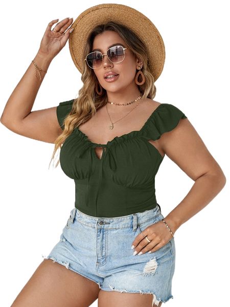 

plus knot front ruffle trim crop blouse k2d5#, Black