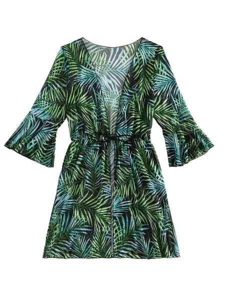 

random tropical print flounce sleeve drawstring waist kimono c5vq#, White;black