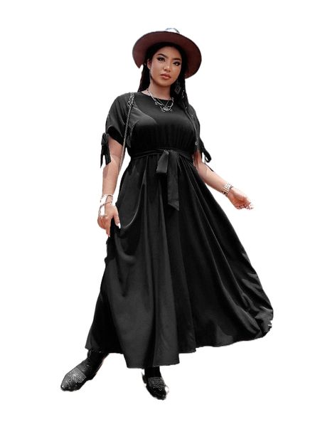 

plus knot cuff belted dress e4l5#, Black