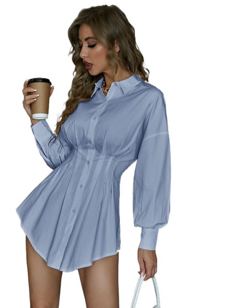 

button front pleated waist drop shoulder blouse n6p4#, White