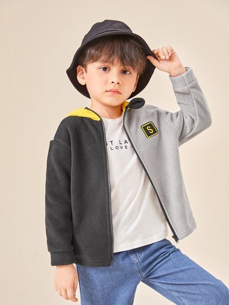 

toddler boys colorblock letter embroidery zip front hooded teddy jacket she, Blue;gray
