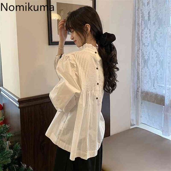 Nomikuma Koreanische Frauen Puppe Hemd Zurück Plissee Einreiher Süße Bluse Puff Langarm Rüschen Kragen Blusa 6B942 210401